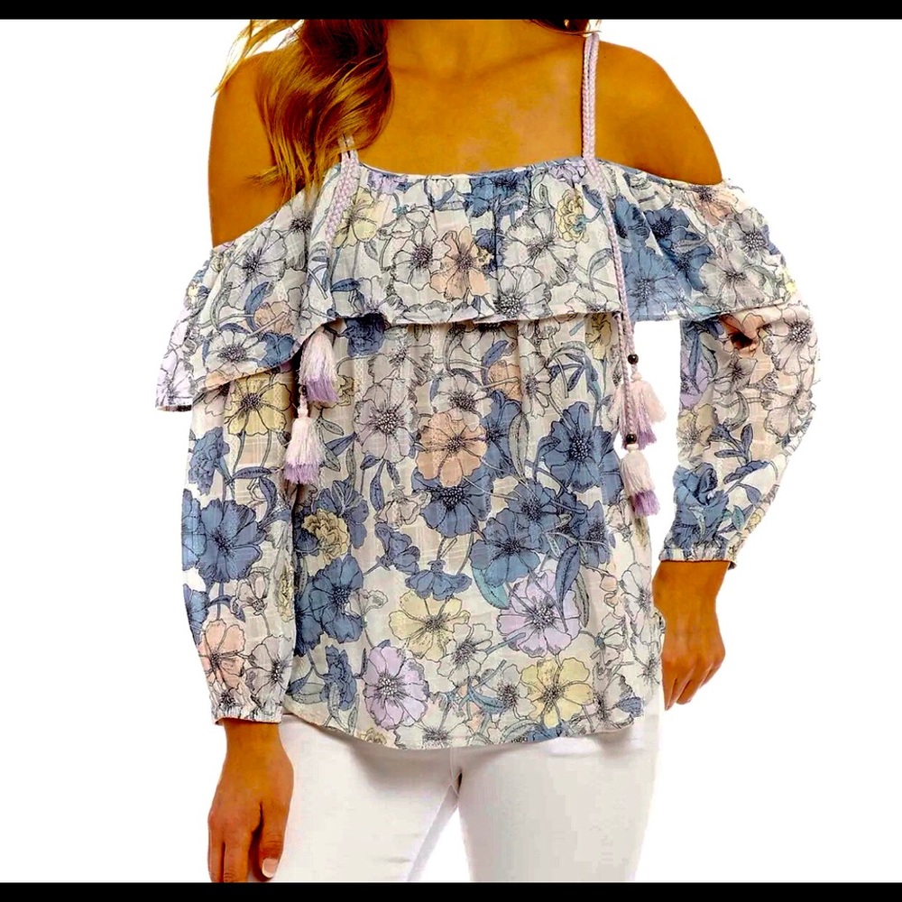 William Rast Pastel Floral Cold Shoulder Top